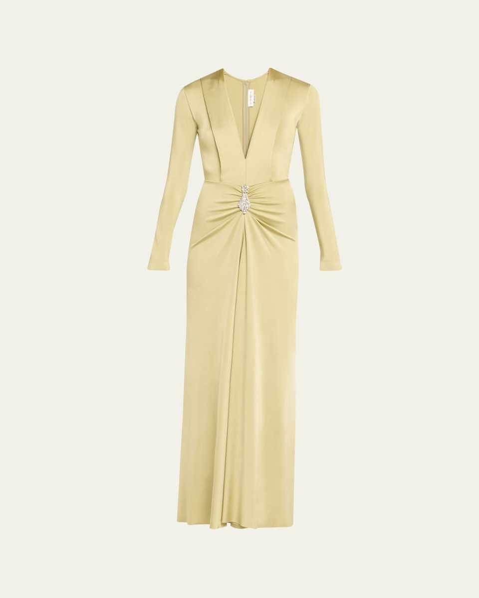Plunging Gathered Crystal Long-Sleeve Gown